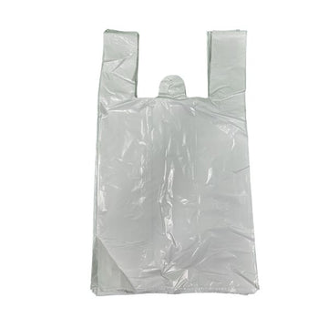 A single, large, crumpled white plastic t-shirt style shopping bag, shown from the front with handles extended, isolated against a blue background