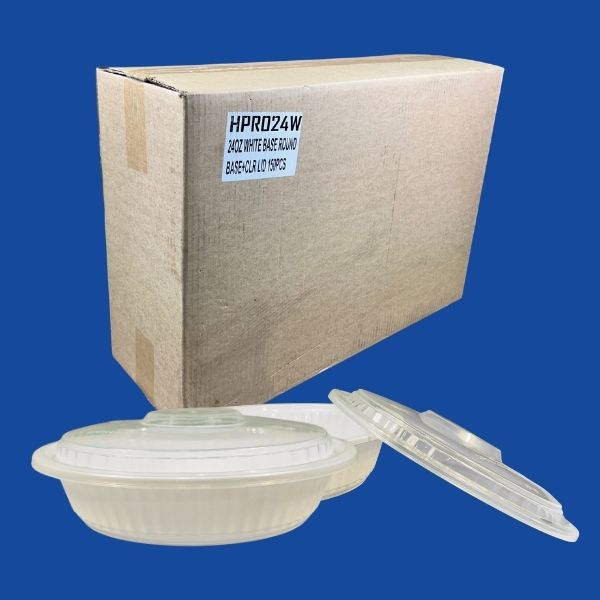 The master case of Codfour 24oz white round containers with closed and vented lid options