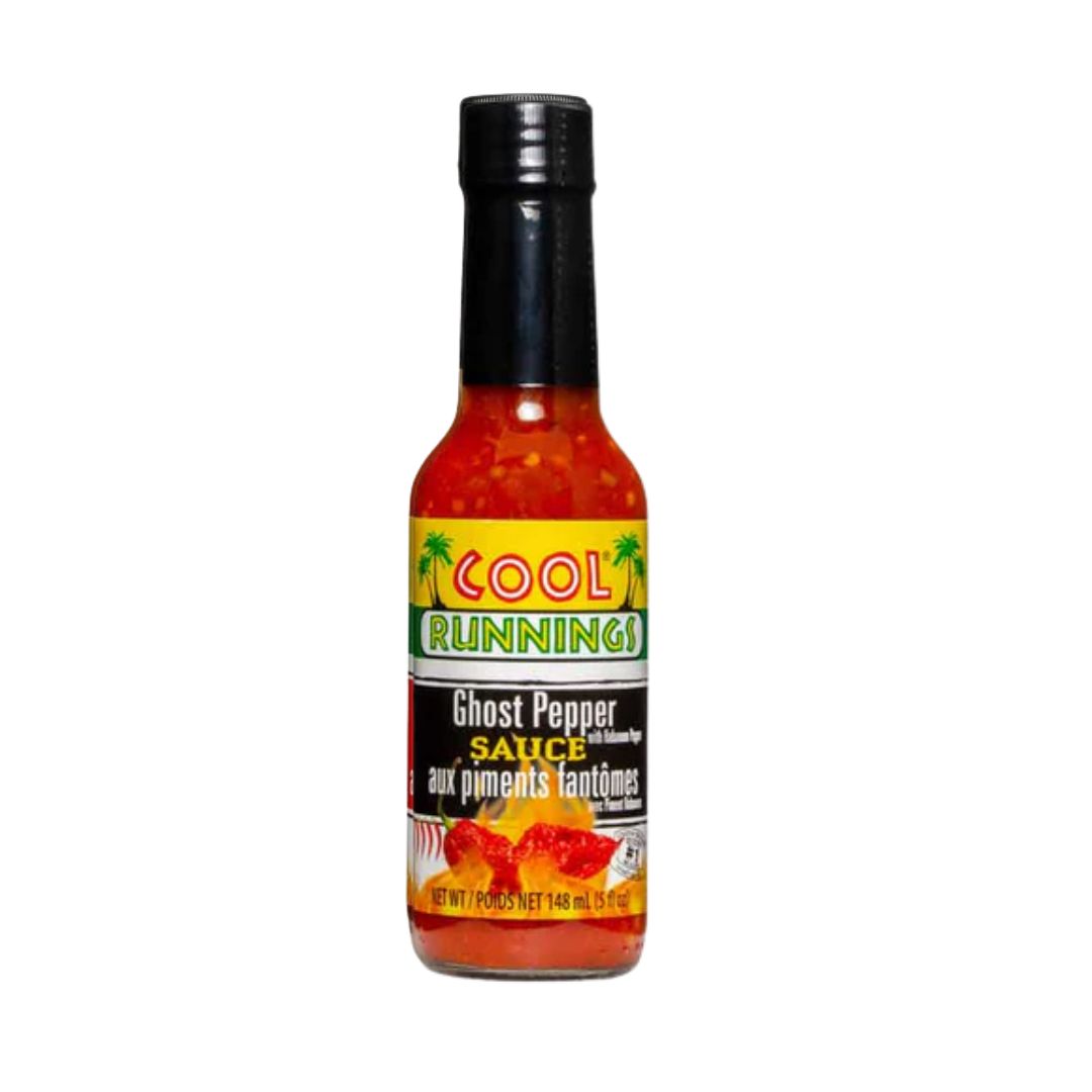 Front view of Cool Runnings Ghost Pepper Sauce 148mL bottle with visible pepper flakes.