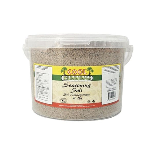 Close-up label of seasoning salt 8 lb tub
