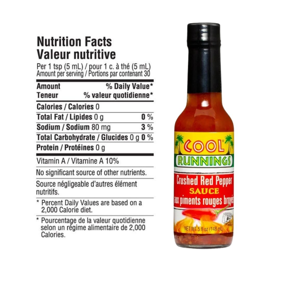 Nutrition facts label for Cool Runnings Crushed Red Pepper Sauce showing zero calories and zero fat