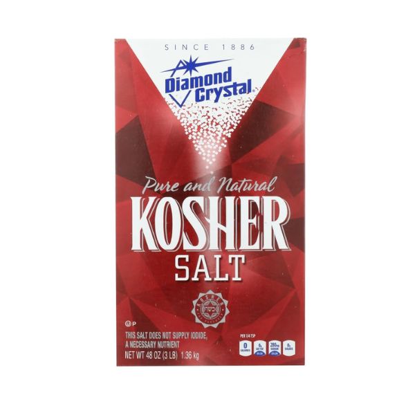 A 1.36kg red and white box of Diamond Crystal Pure and Natural Kosher Salt