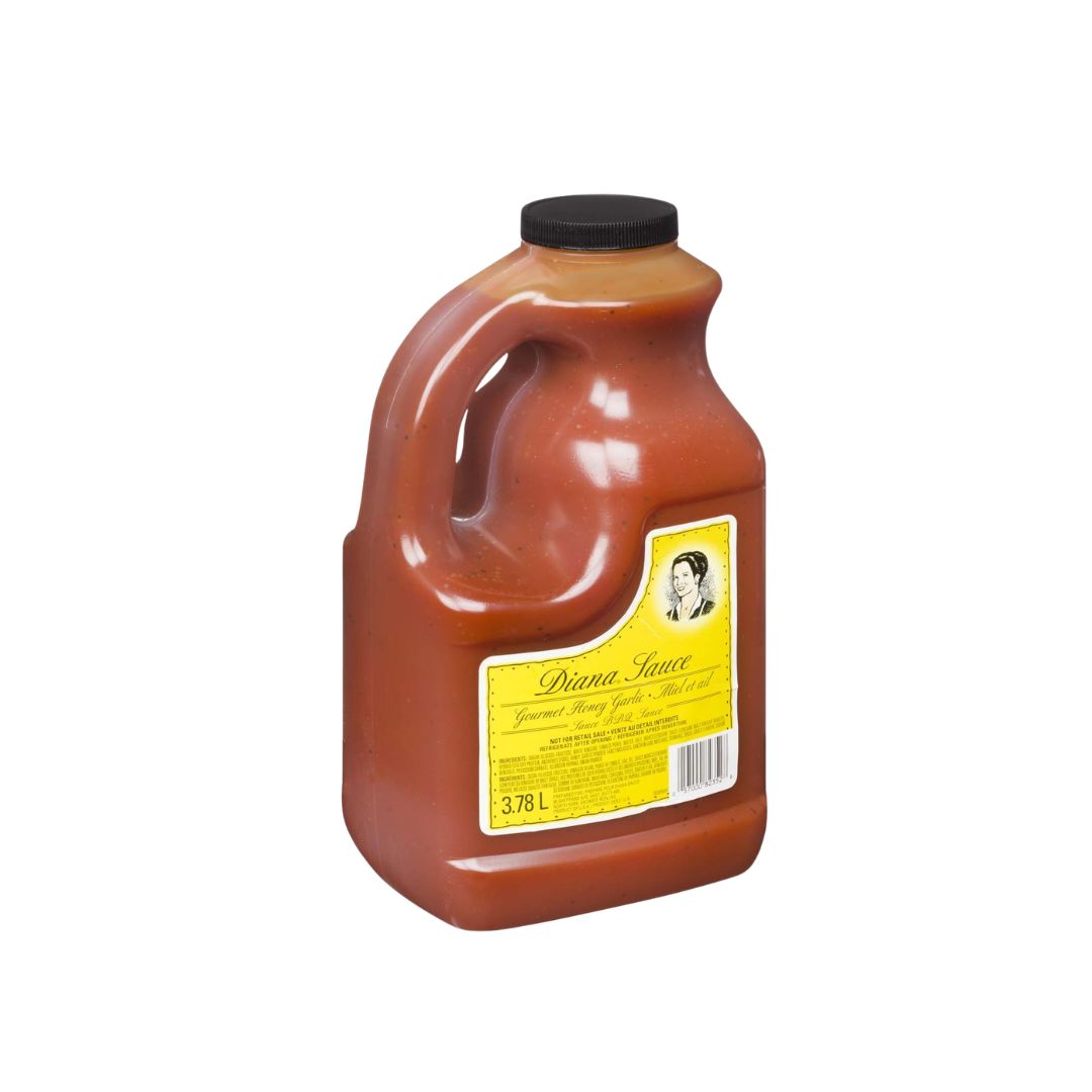 3.78 liter bulk jug of Diana Gourmet Honey Garlic Sauce with easy-grip handle.