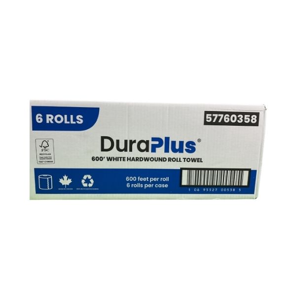 DuraPlus 600 feet white hardwound roll towel 6 rolls case packaging