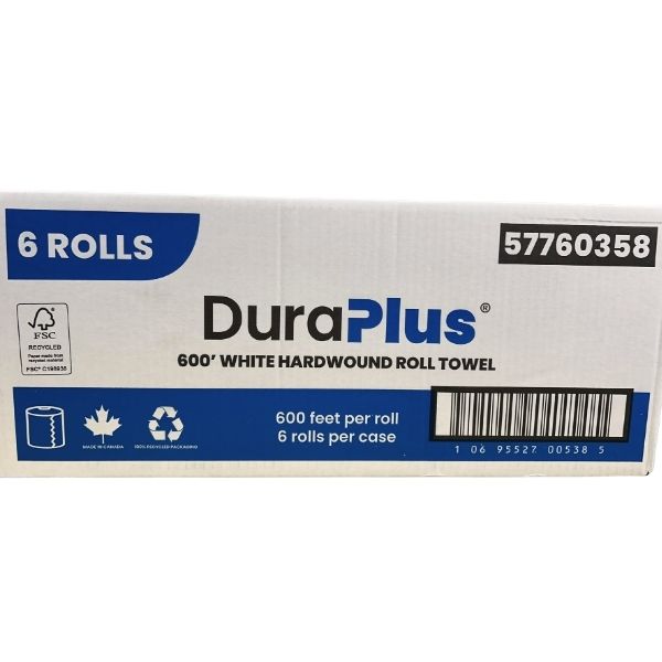 DuraPlus 600 feet white hardwound roll towel 6 rolls case packaging