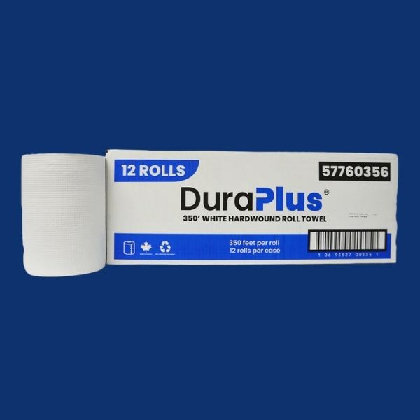 DuraPlus 600 feet white hardwound roll towel 6 rolls case packaging