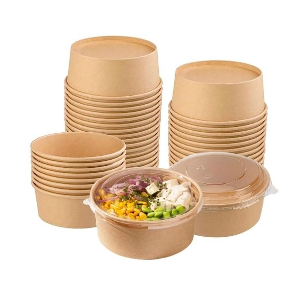 Product label showing model SB-750K, 25oz/750ml capacity, and "Round Kraft PE-Lined Paper Container
