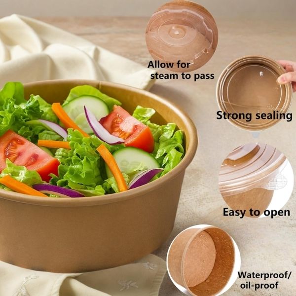 Product label showing model SB-750K, 25oz/750ml capacity, and "Round Kraft PE-Lined Paper Container