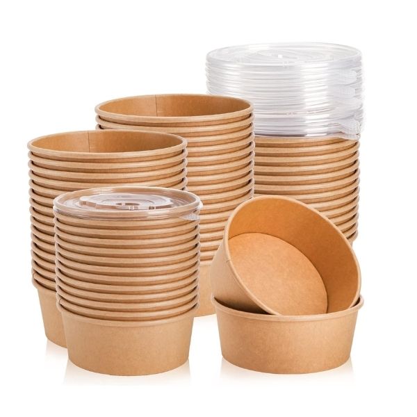 Box of 200 Eco-Craze 25oz (750ml) Round Kraft Paper Containers.
