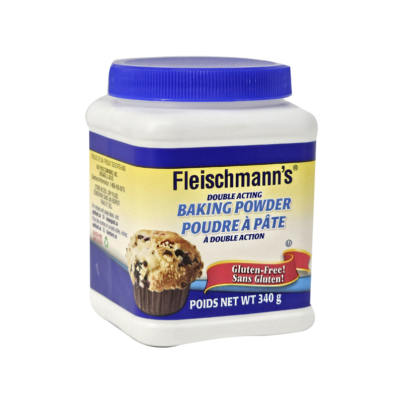 Fleischmann’s 340g jar of Double Acting Baking Powder with gluten-free label.