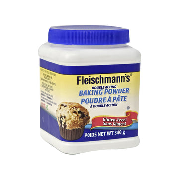 Fleischmann’s 340g jar of Double Acting Baking Powder with gluten-free label.