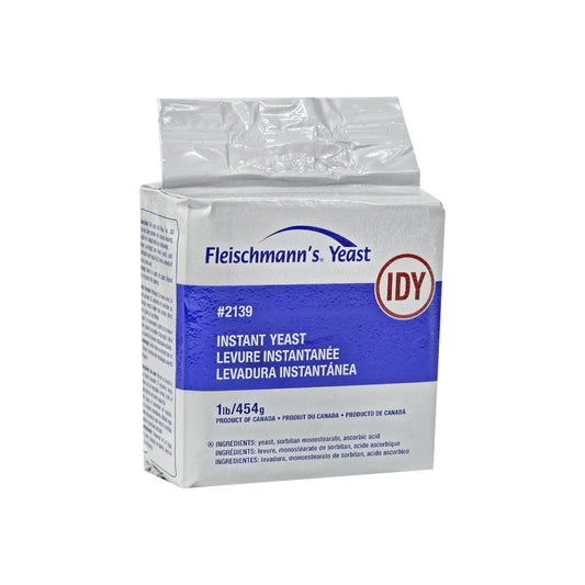 Front view of Fleischmann’s Instant Dry Yeast 1lb vacuum-sealed bag with blue and white labeling.