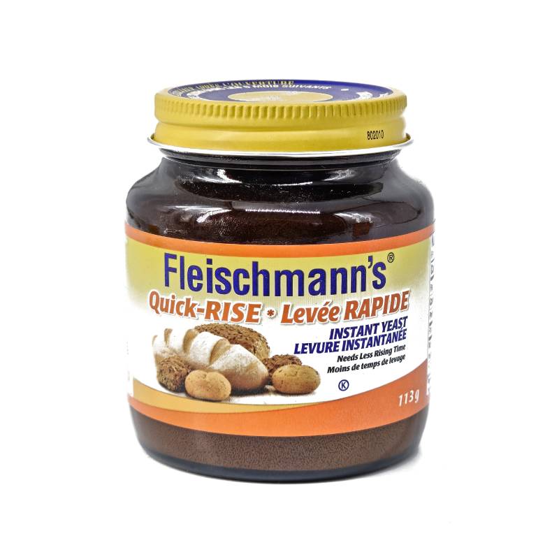 Front view of Fleischmann’s Quick-Rise Instant Yeast 113g glass jar with a gold lid.
