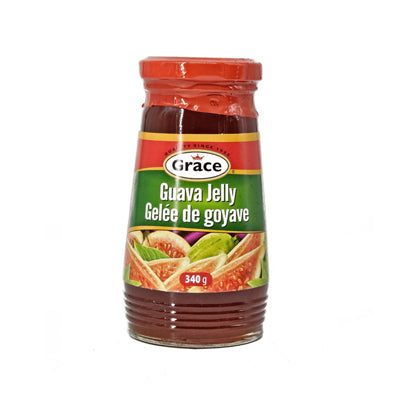 Front view of a 0.34 kg glass jar of Grace Guava Jelly with a red lid