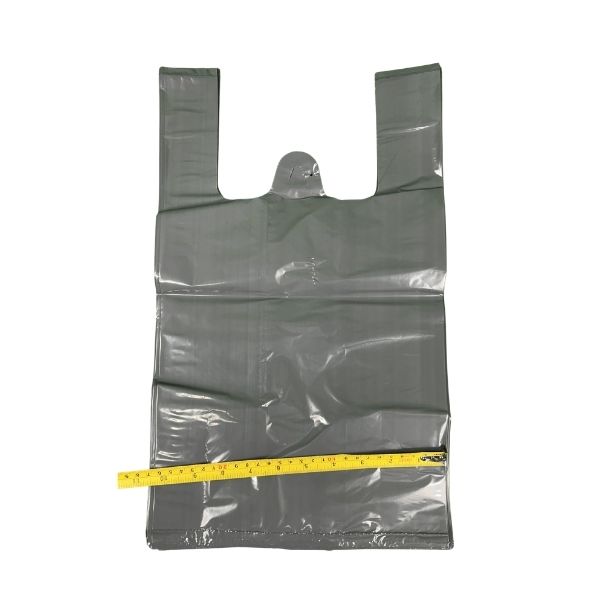 Grey plastic retail carry bags with T-shirt handles for grocery and takeout packaging
