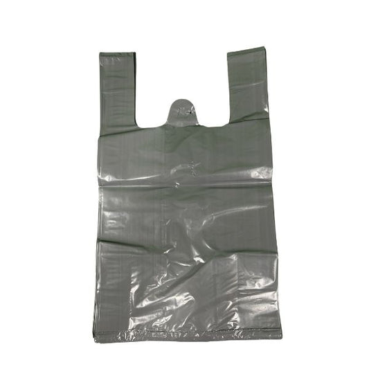 grey T-shirt plastic grocery bag used in grocery stores and restaurants