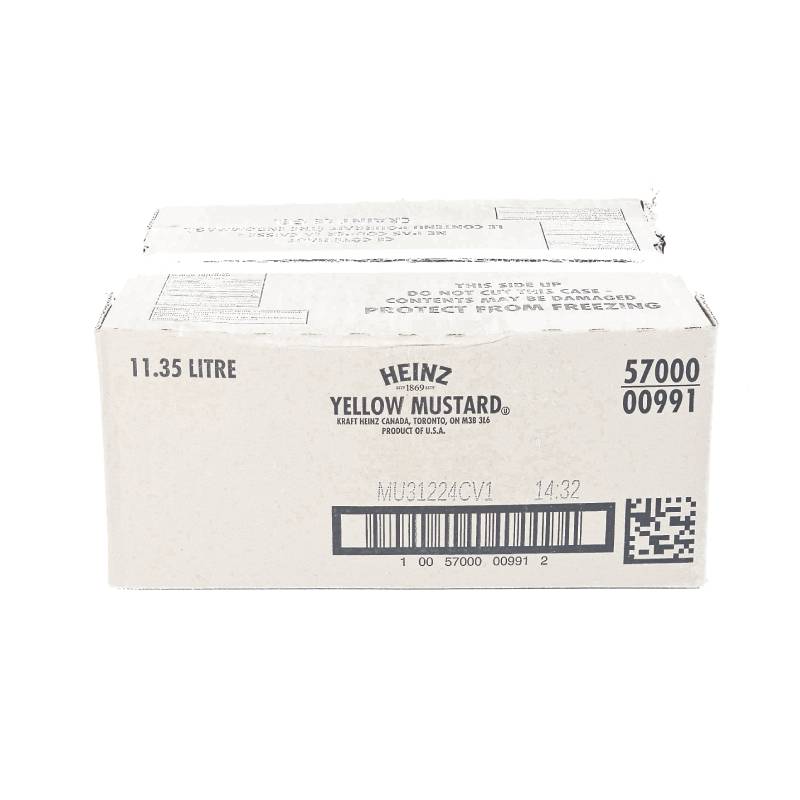 Box label for Heinz Yellow Mustard showing product code 57000 00991 and weight.