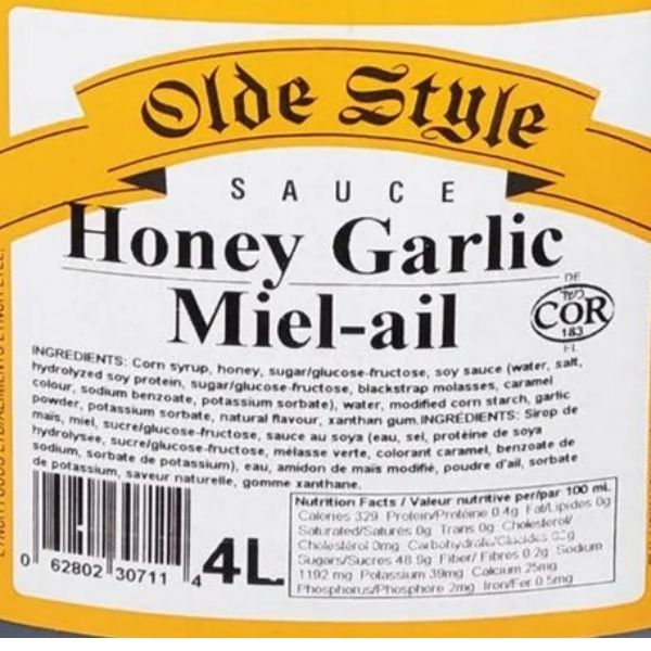 Honey garlic sauce label Old Style 4L details