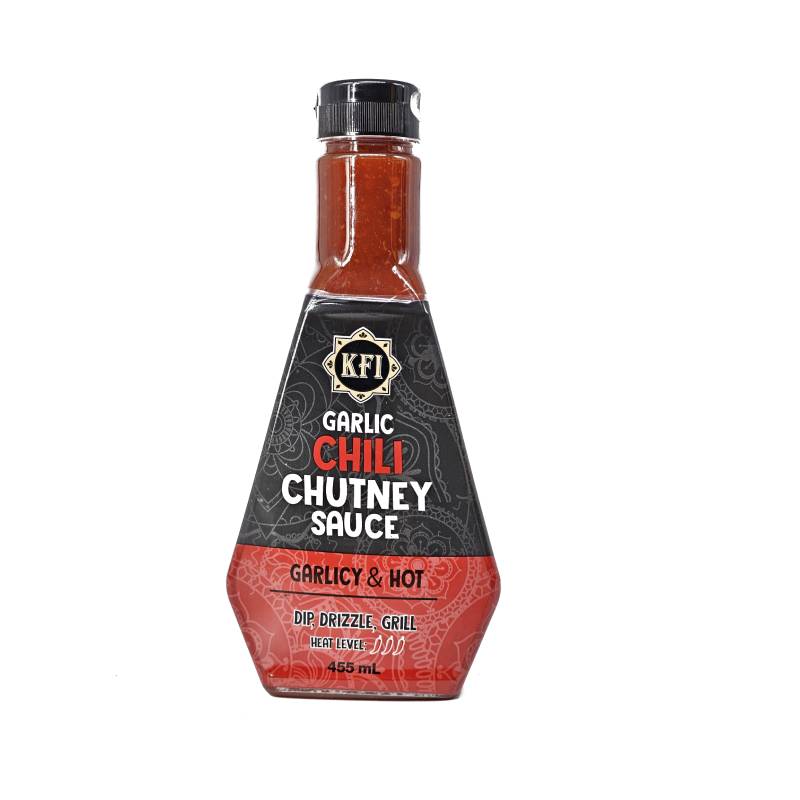 Rich red garlic chili sauce in a 455 mL plastic bottle for easy portioning
