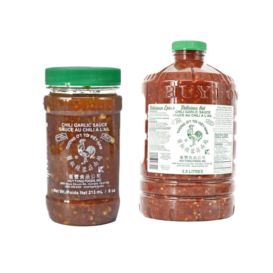 Front view of Huy Fong Chili Garlic Sauce in a large 3.6kg bulk gallon jar