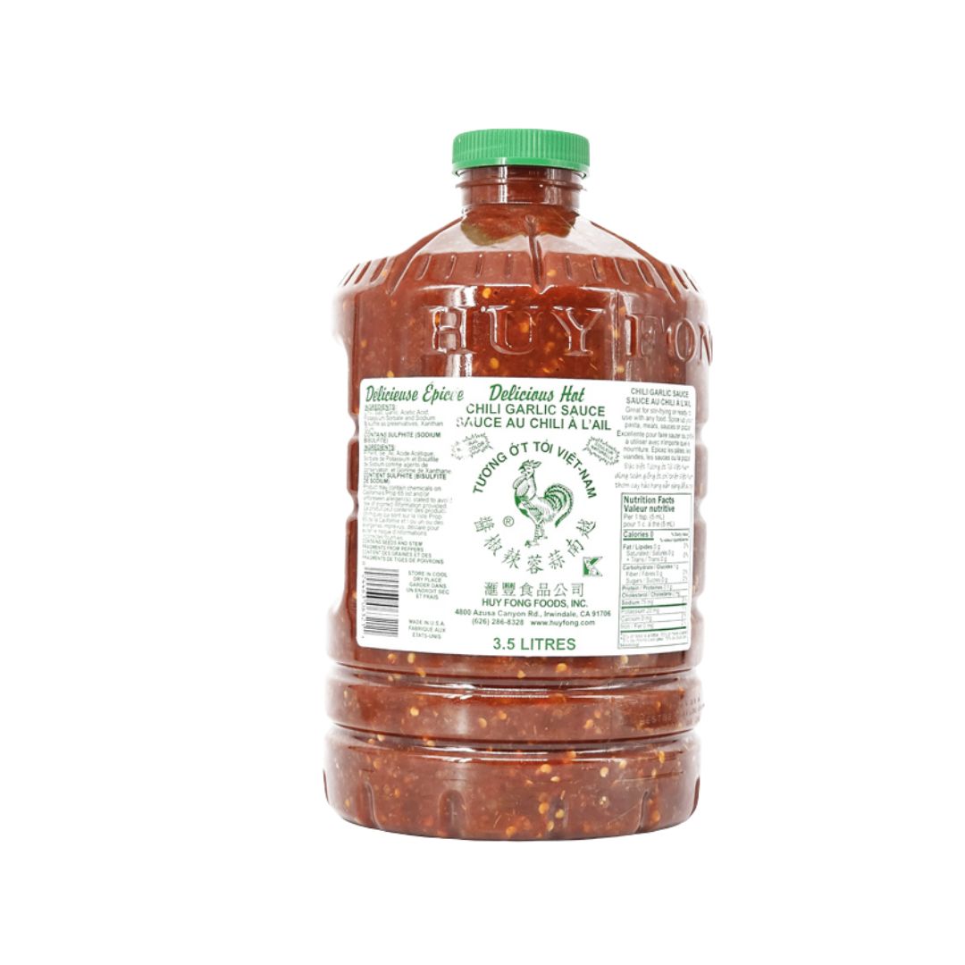 Nutrition facts and ingredient list for 128oz Huy Fong Chili Garlic Sauce