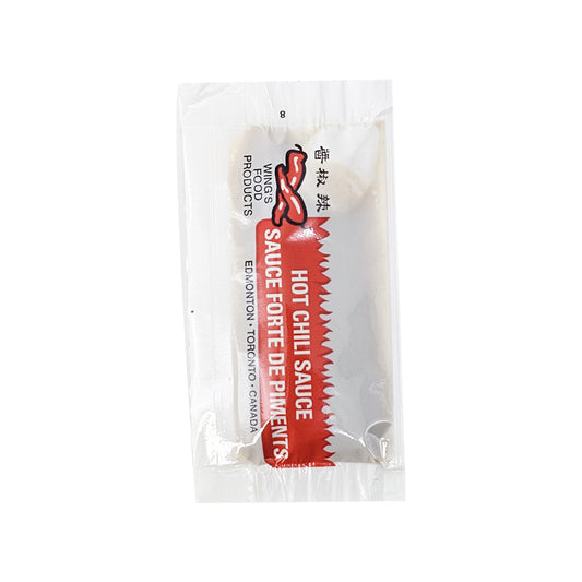 Individual 7ml clear packet of Wing's Hot Chili Sauce showing red pepper logo