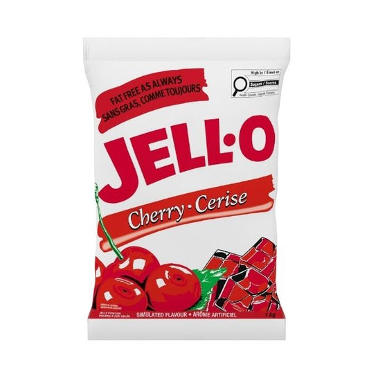 Front view of Jell-O Cherry simulated flavour jelly powder 85 gram box.
