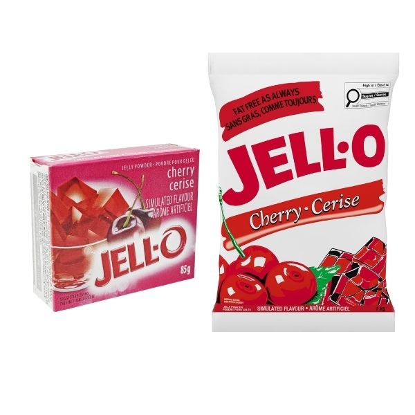 Jell-O Cherry Jelly Powder available in 1 kg bulk bag and 85 g retail box formats.