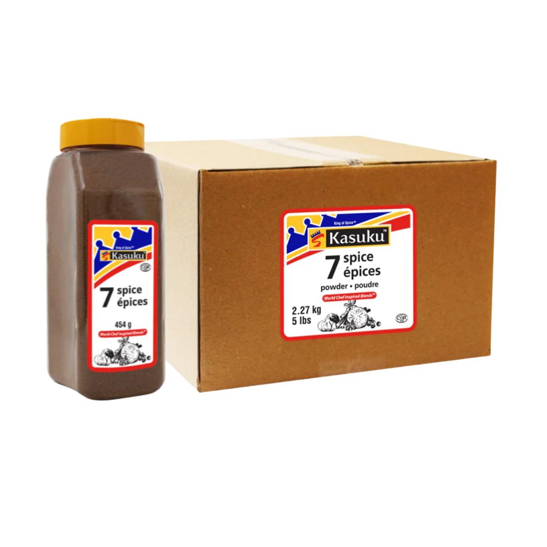 Kasuku 7 Spice powder in a 5lb bulk cardboard box next to a 454g shaker bottle.