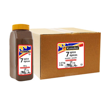 Kasuku 7 Spice powder in a 5lb bulk cardboard box next to a 454g shaker bottle.