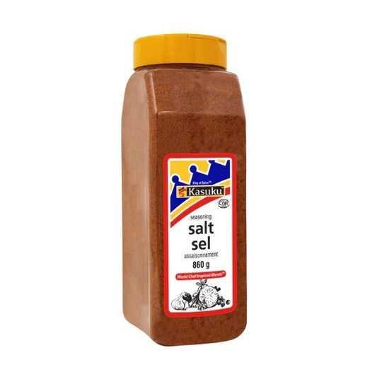 Front label of seasoning salt 860 g showing product details

