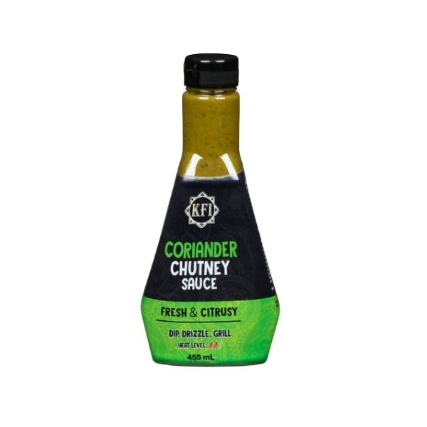 Front view of KFI Coriander Chutney Sauce in a 455 mL squeeze bottle.