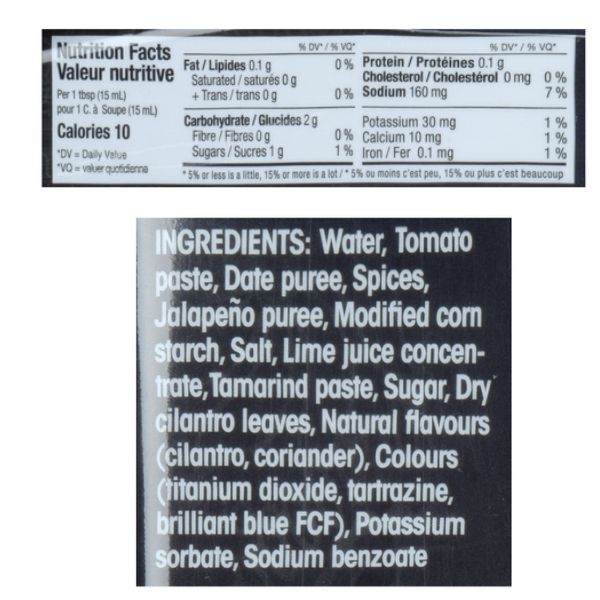 Nutritional information for coriander chutney sauce showing 10 calories per serving