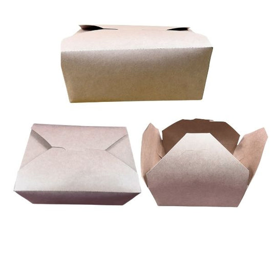 Large brown corrugated bulk shipping case with a product label on the side, next to a single Kraft-colored paper takeout container with open flaps below. The case shows the brand name