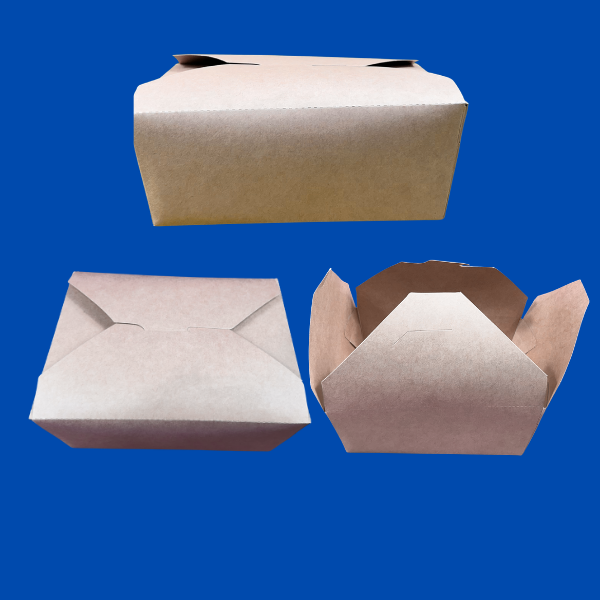 Large brown corrugated bulk shipping case with a product label on the side, next to a single Kraft-colored paper takeout container with open flaps below. The case shows the brand name