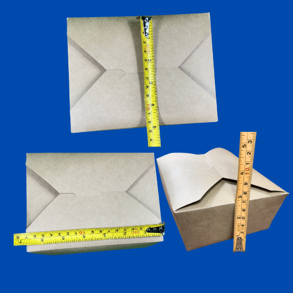 Large brown corrugated bulk shipping case with a product label on the side, next to a single Kraft-colored paper takeout container with open flaps below. The case shows the brand name