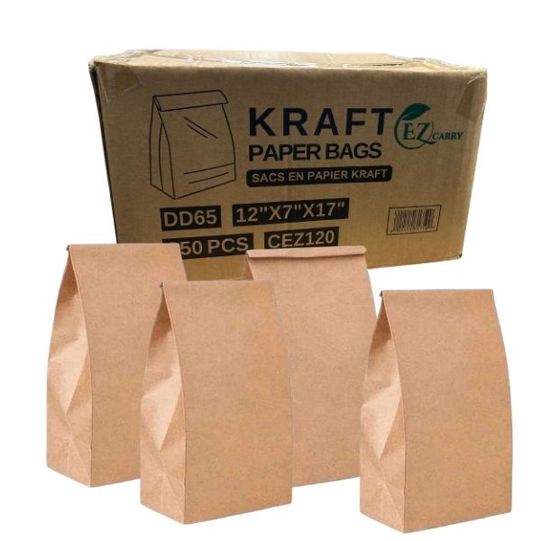 KRAFT EZ Carry Paper Bags (12x7x17") with four natural bags shown in front against white background