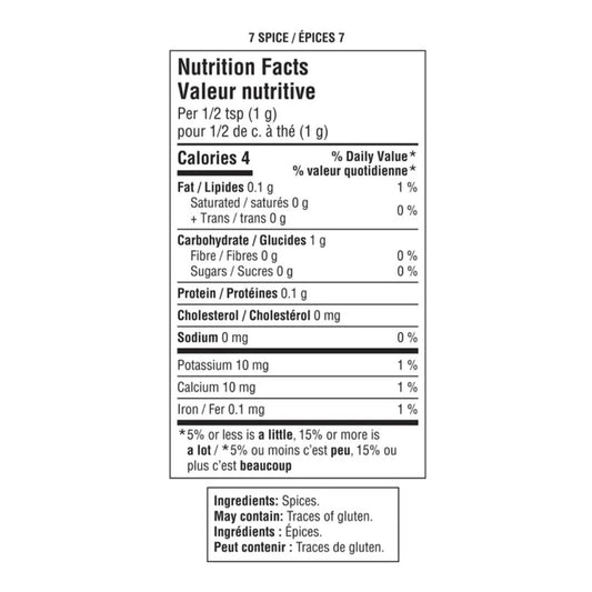 Nutrition facts panel for Kasuku 7 Spice showing zero calories and zero sodium