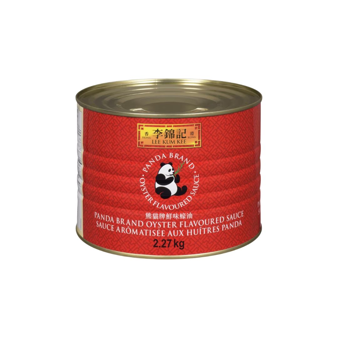 Front view of Lee Kum Kee Panda Brand Oyster Flavoured Sauce in a 2.27kg professional tin