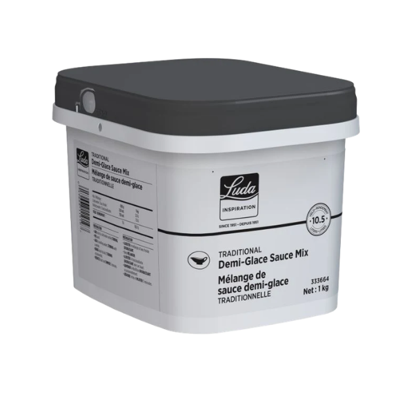 A 1kg tub of Luda Traditional Demi-Glace Sauce Mix with a red lid and professional label.
