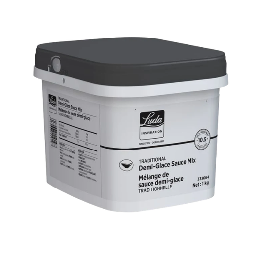 A 1kg tub of Luda Traditional Demi-Glace Sauce Mix with a red lid and professional label.