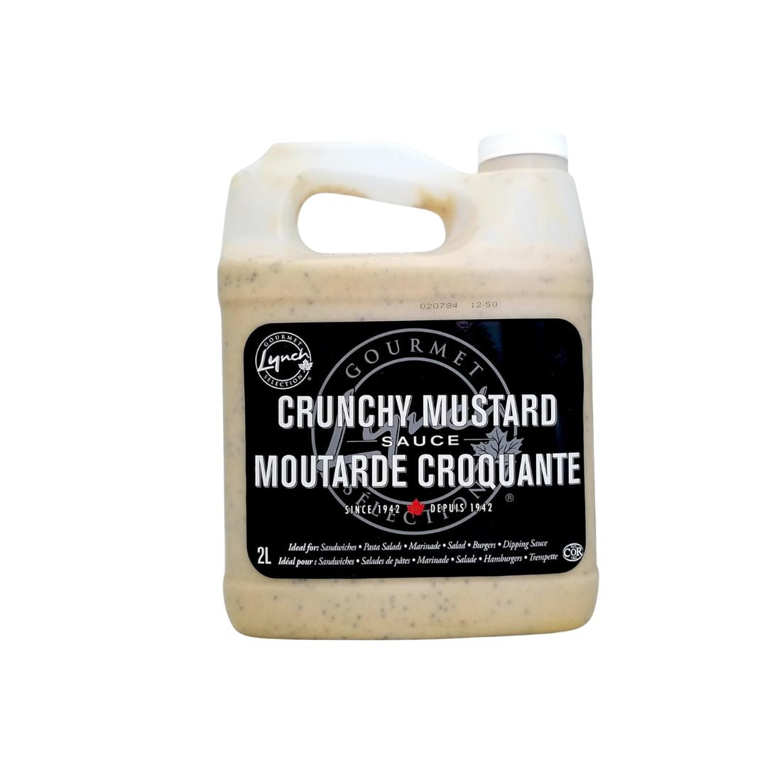 2 liter bulk jug of Lynch Gourmet Selection Crunchy Mustard Sauce with whole mustard seeds.