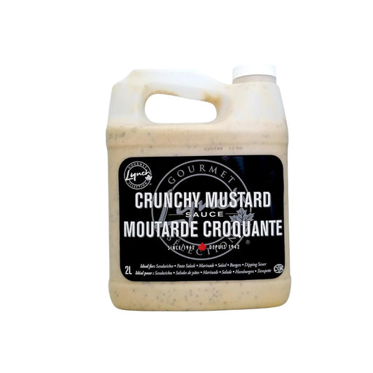 2 liter bulk jug of Lynch Gourmet Selection Crunchy Mustard Sauce with whole mustard seeds.