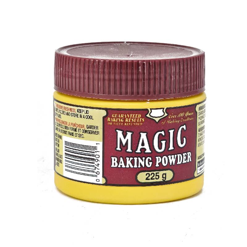 Magic Baking Powder 225 gram jar showing the burgundy and yellow label