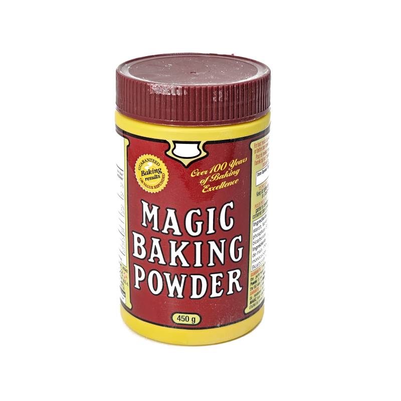 Tall 450 gram jar of Magic Baking Powder for frequent professional use.