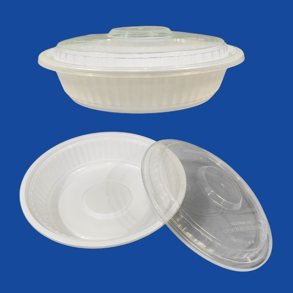 Close-up view of the 24oz white container: one set open to show base, one set closed with the clear dome lid