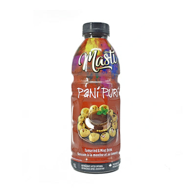 Front view of a 1L bottle of Masti Pani Puri Tamarind and Mint drink with colorful label.