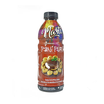 Front view of a 1L bottle of Masti Pani Puri Tamarind and Mint drink with colorful label.