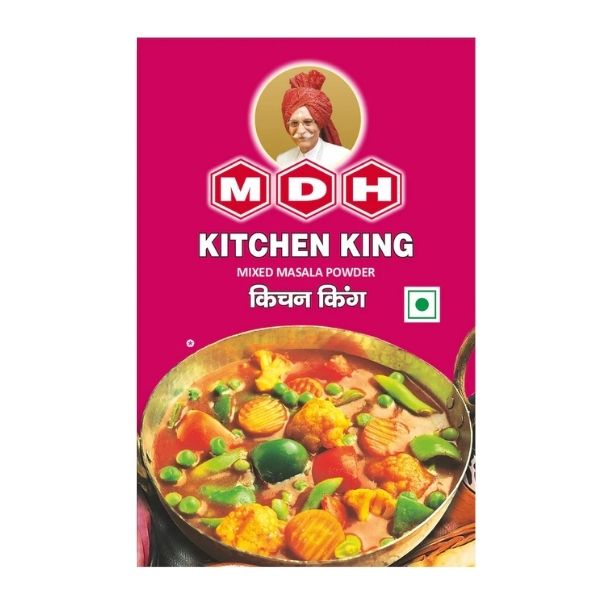 MDH Kitchen King masala packaging with vegetable curry
