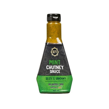 Front view of a 455 mL squeeze bottle of zesty and savoury Mint Chutney Sauce